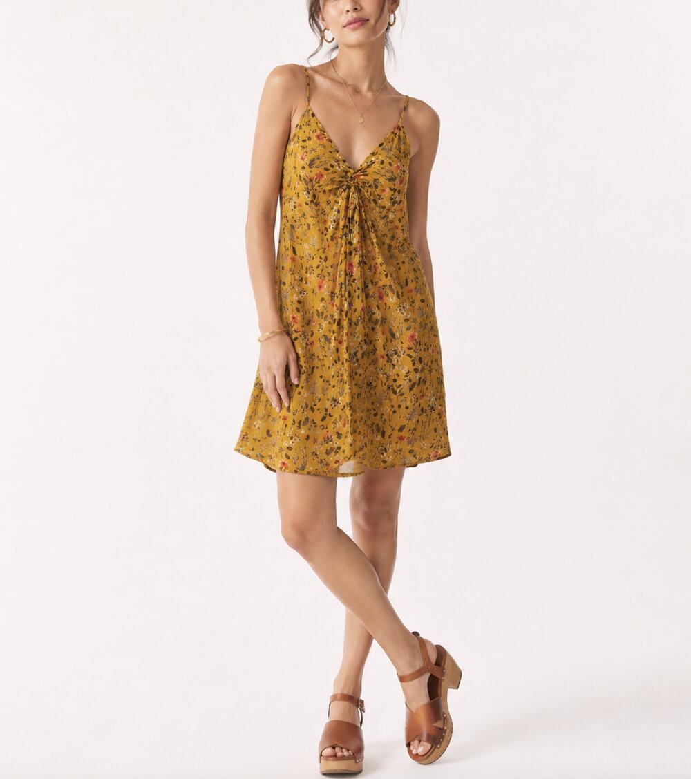 Anthropologie Le Lis Yellow Floral Spaghetti Strap Mini Dress Medium Boho
